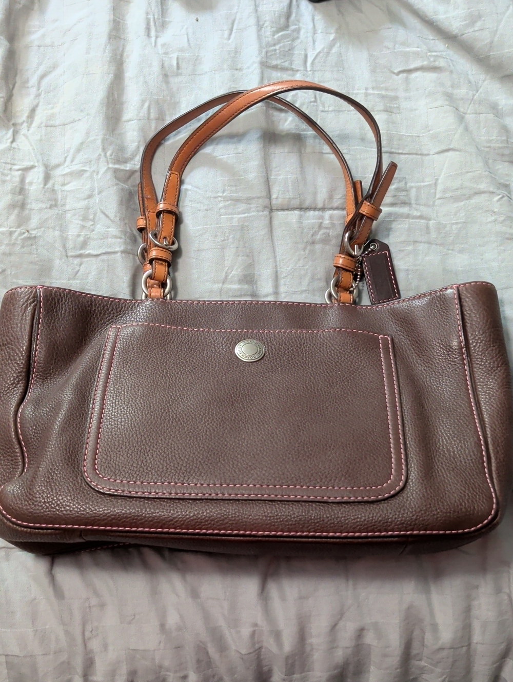 Leather Shoulder Tote Bag in Dark Brown with Tan Handles